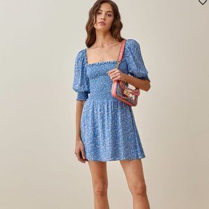 Blue Floral Puff Sleeve Mini Dress - Reformation